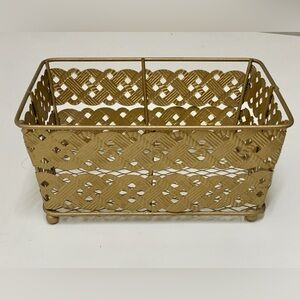 Vintage Ball Footed Metallic Gold Painted Wire Mesh Lattice Desktop Basket